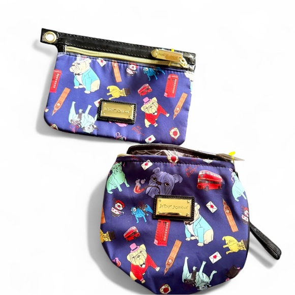 Betsey Johnson Bulldog Dog Pattern Cosmetic Makeup Bags Gold Logo trim TWO bags! - Picture 1 of 15